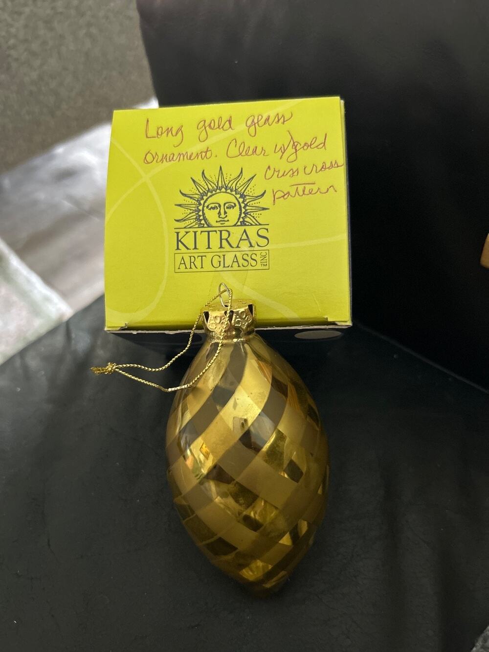 Kitras Art Glass Hand Blown Long Gold Glass Ornament Clear Criss Cross Pattern